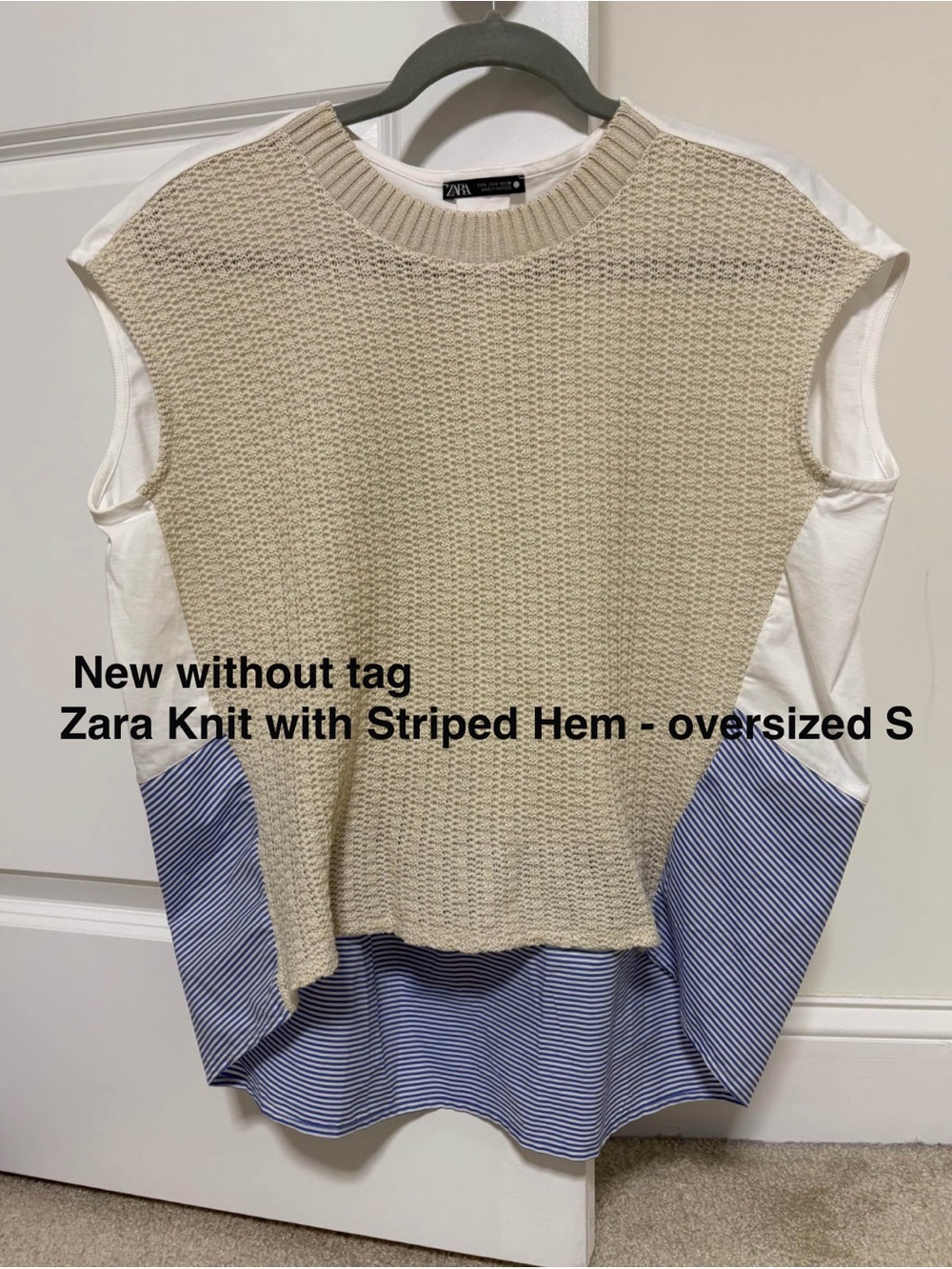 Zara Cream Knit Layered Hem Sweater with Blue Stripe Detail